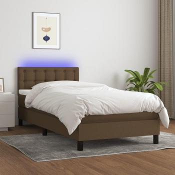 Cama box spring colchón con luces LED, tela marrón oscuro, 90x200cm