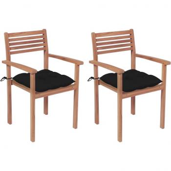 Sillas de jardín 2 piezas con cojines negros de madera maciza de teca