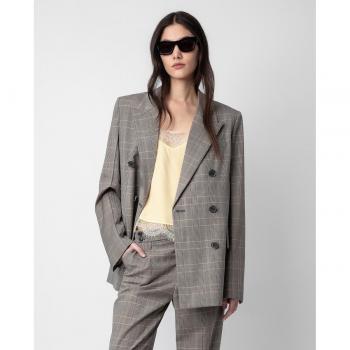 Zadig & Voltaire Women's Vaena Double-Breasted Checkered Blazer in Gray - Oversized Wool Size M