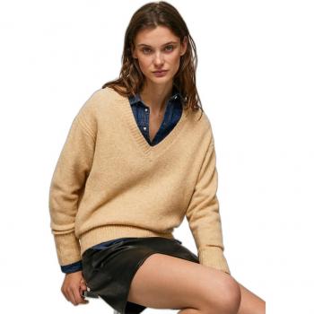 Pepe Jeans Women's Beige V-Neck Knit Sweater