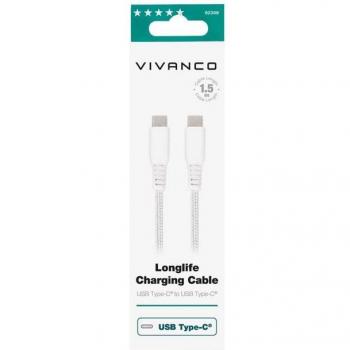 Cable USB-C a USB-C LongLife de 1,5 m, carga rápida 60W, color blanco (Vivanco 62398)