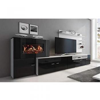 Mueble salón comedor Skraut Home con chimenea eléctrica, 5 niveles de llama, 3 acabados de color posibles (Blanco Mate y Negro Brillo Lacado), medidas: 290x170x45 cm