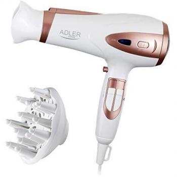 Adler AD 2248 - Secador de Pelo con Difusor e Ionizador, 2200 W, 2 Velocidades, 3 Temperaturas, Color Bronce y Blanco
