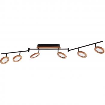 Foco LED Manel de Lindby, tipo proyector tradicional en marrón, fabricado en metal y madera, 152 cm de largo, con 6 luces