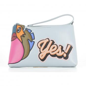 Bolso de mano Mandarina Duck, color gris con adornos de piel de colores, 22x15 cm, plano.