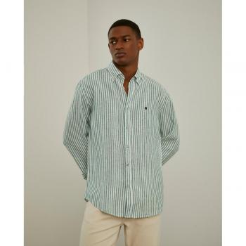 Camisa de lino para hombre Lion of Porches, corte regular, estampado a rayas en color verde