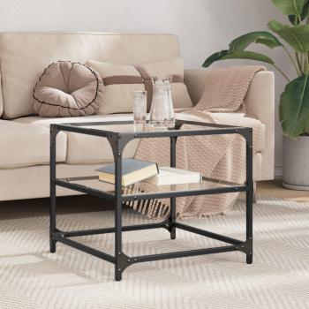 Mesa de centro de 2 piezas con tapa de vidrio transparente, dimensiones 50x50x45 cm, estructura de acero