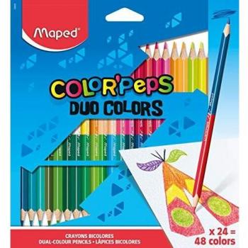 Maped - Pinturas de Madera - Lápices de Colores Duo - 24 Pinturas con Doble Punta - 48 Colores Diferentes - Mina Blanda y Resistente - Incluye 1 Lápiz de Oro y Plata