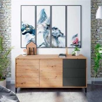 Aparador Brooklyn Roble Nodi Antracita con 2 Puertas y 3 Cajones, Medidas: 154 x 74 x 41 cm