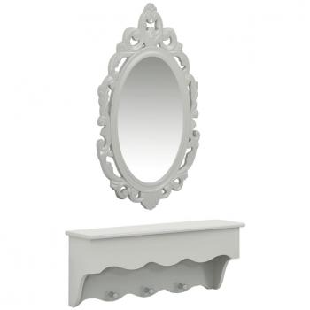 Estante de pared con espejo y ganchos gris para llaves y joyas