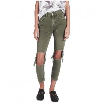 One Teaspoon Green Cotton Cropped Skinny Jeans W25 with Distressed Details
