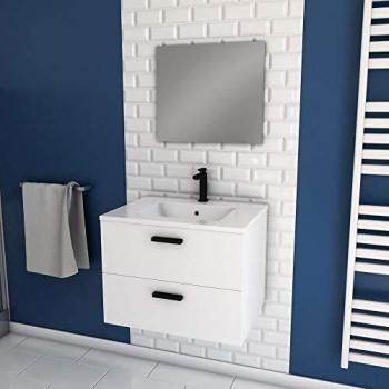Mueble de baño suspendido 60cm Blanco con 2 cajones, lavabo y espejo - Box-In