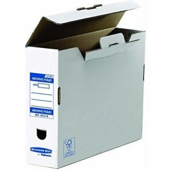 Bankers Box 00318 - Caja de archivo definitivo automático, folio, lomo 100 mm, blanco/azul