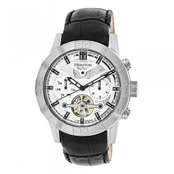 Heritor Automatic Semi-Skeleton Leather Band Watch - Silver Stainless Steel