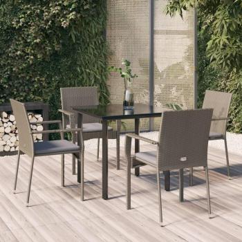 5-Piece Black and Gray Poly Rattan Garden Dining Set with Cushions
