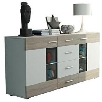 Vitrina Tucson 102, Blanco y Roble Sonoma, Con 2 Puertas y 4 Cajones, 169 x 79 x 40cm