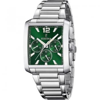 Festina Timeless Chronograph F20635/3 Reloj Analógico para Hombre con Esfera Verde, Caja de Acero Inoxidable 316L Gris Plata y Función de Cronógrafo