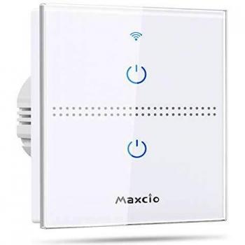 Interruptor Luz WiFi, Maxcio Interruptor Inteligente 2 Gang Compatible con Alexa, Google Home, Control de APP y Función de Temporizador, Se Necesita Neutro