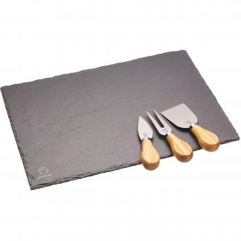 Artesà Juego de Tabla de Quesos con Bandeja de Pizarra Natural y Tres Cuchillos de Queso Lisos de Acero Inoxidable y Madera de Acacia