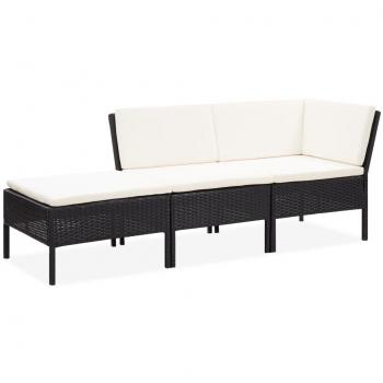 3-Piece Black Poly Rattan Garden Lounge Set with Cushions