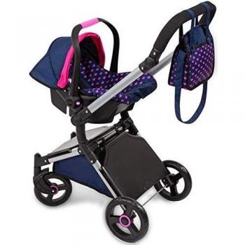 Bayer Design- Cochecito, Chasis de Carrito para muñecos City Cruiser con Silla de Coche, Bolso Cambiador, Convertible, Plegable, Ajustable en Altura, Color Azul con Unicornio y Corazones