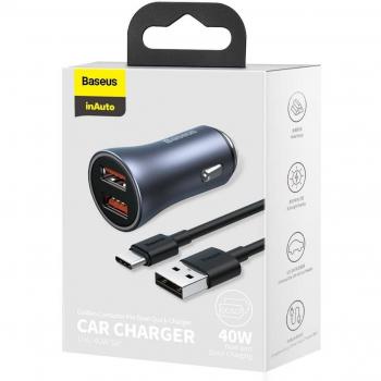 Cargador de Auto Rápido Baseus Golden Contactor Pro 2X USB 40W Quick Charge SCP FCP AFC + Cable USB Tipo C Gris