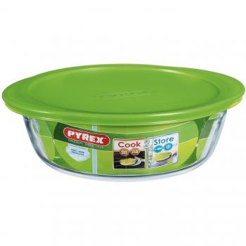 Recipiente de Vidrio Pyrex Cook & Store con Tapa Verde, 26CM, Multicolor, Resistente a Rayaduras y Apto para Congelador