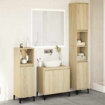 Set de muebles de baño 3 piezas madera contrachapada roble Sonoma Marrón