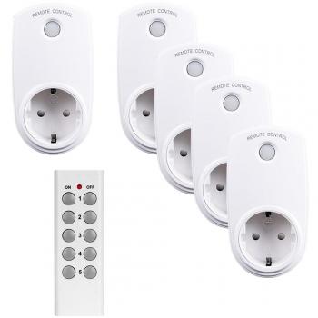 Meer Enchufes Inalámbricos Inteligentes con Control Remoto para Electrodomésticos, 5 Enchufes y 1 Mando a Distancia hasta máx de 50m