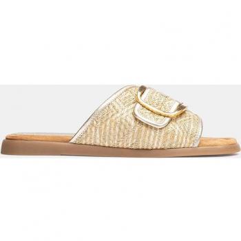 Sandalias planas de rafia con hebilla para mujer en color metal