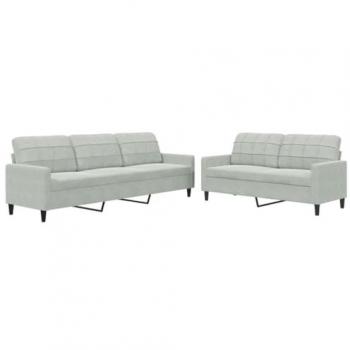 Juego de 2 sofás con almohadas gris claro en terciopelo
