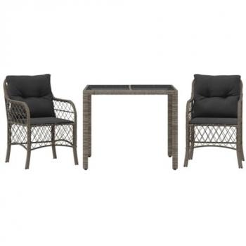 3-Piece Grey Poly Rattan Bistro Set with Cushions