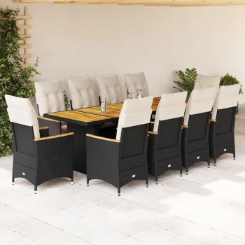 11-Piece Black Poly Rattan Garden Bistro Set with Cushions