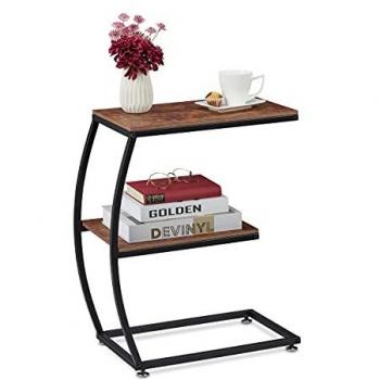 Mesa Auxiliar Industrial C-Shape con 2 Tableros, Metal Efecto Madera, 57.5x47.5x25 cm, Marrón - Relaxdays
