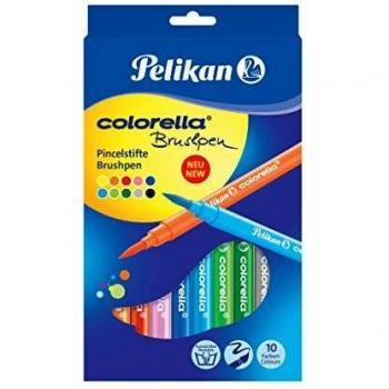 Pelikan 814577 - Juego de rotuladores Super Brush Colorella lavables, kit de 10 colores, punta con efecto de ACuarela, gorra anti-asfixia, plástico no tóxico