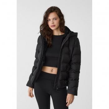 Stradivarius Black Hooded Puffer Jacket with Belt for Women M