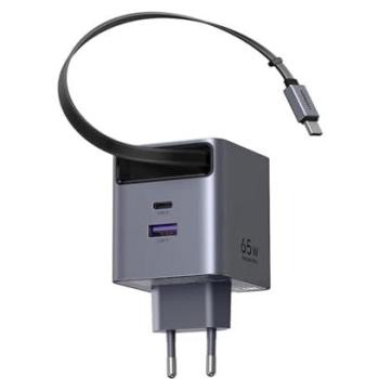 Cargador de Pared Ugreen X615 GaN 65W con Cable Retráctil USB-C y USB-A