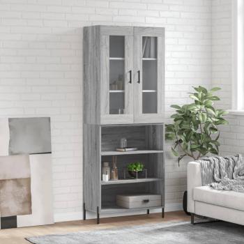 Aparador alto de madera contrachapada gris sonoma 69,5x34x180 cm con 3 estantes, mueble de almacenaje para salón, buffet y armario auxiliar