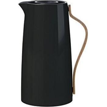 Stelton Emma - Jarra térmica para café - Termo de Acero Inoxidable, Aislado de Doble Pared - Termo/Jarra de café con Mango de Madera de Haya, Tapa Easy-Click - 1,2 litros, Acabado Brillante, Negro