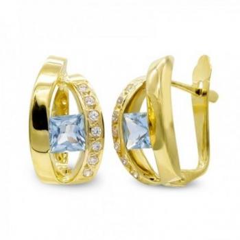 Pendientes de Oro 18k para Mujer con Dos Bandas Combinadas, Circonitas y Piedra Azul en el Centro - Diseño Elegante