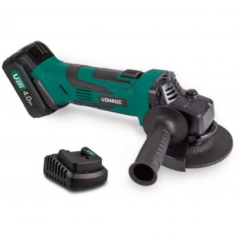 Amoladora angular inalámbrica VONROC 20V - 115mm con batería de 4.0Ah, cargador rápido, asa lateral y bolsa de herramientas
