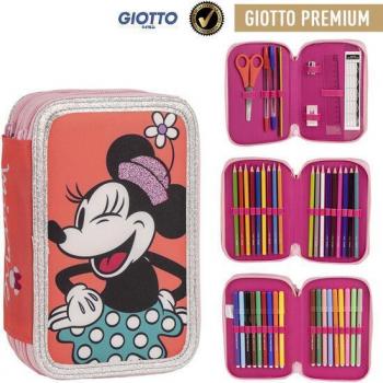 Estuche Escolar Minnie Mouse - Rosa - Poliéster - Triple Compartimento con Cremallera - 12,5x6,5x18,5 cm