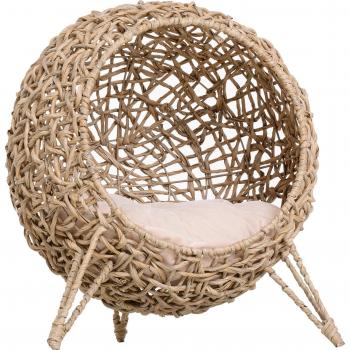 Cama Cueva de Ratán para Mascotas Pequeñas con Base Trípode y Cojín de Felpa y Algodón Suave Diseño Elevado Estable Φ52x58 cm