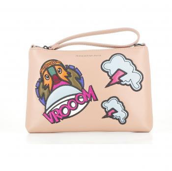 Bolso de mano Mandarina Duck, color rosa, con detalles en piel de colores. 22x15 cm.