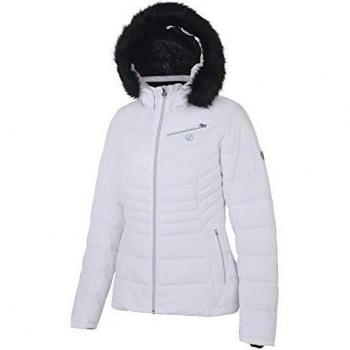 Dare 2b Glamorize Waterproof & Breathable High Loft Insulated Ski & Snowboard Jacket with Detachable Faux Fur Hood and Snowskirt Chaquetas aislantes Impermeables, Mujer, Blanco
