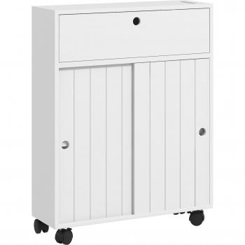 Armario de Baño Mueble Auxiliar con 4 Ruedas 2 Agujeros para Papel 2 Armarios y Estantes Ajustables 52x17x67 cm Blanco