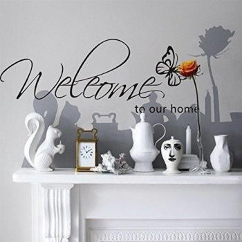 Kiki Monkey® PVC Negro mariposa con texto Welcome to our Home pared – Adhesivo Vinilo Memoria Removable – Vinilos Decoración marco para salón