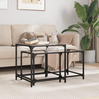 Mesas de centro apilables con tapa de vidrio 2 pzas acero Transparente, Negro, Mesita de Salón o Comedor o Auxiliar Mesa de Café Meuble Salón