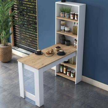 Mesa de Comedor Talitha, Estante de Cocina y Consola Fija, 120x54h154 cm, Nogal y Blanco con Embalaje Reforzado