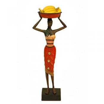 Figura Decorativa Resina Mujer Africana con Bandeja De Plátanos En La Cabeza 14 X 10 X 42 Cm.